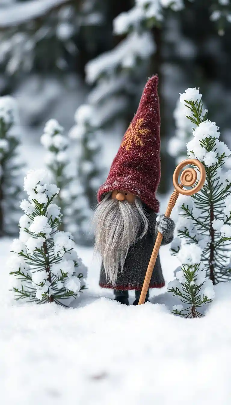 Gnom mit Holzstab im verschneiten Winterwald