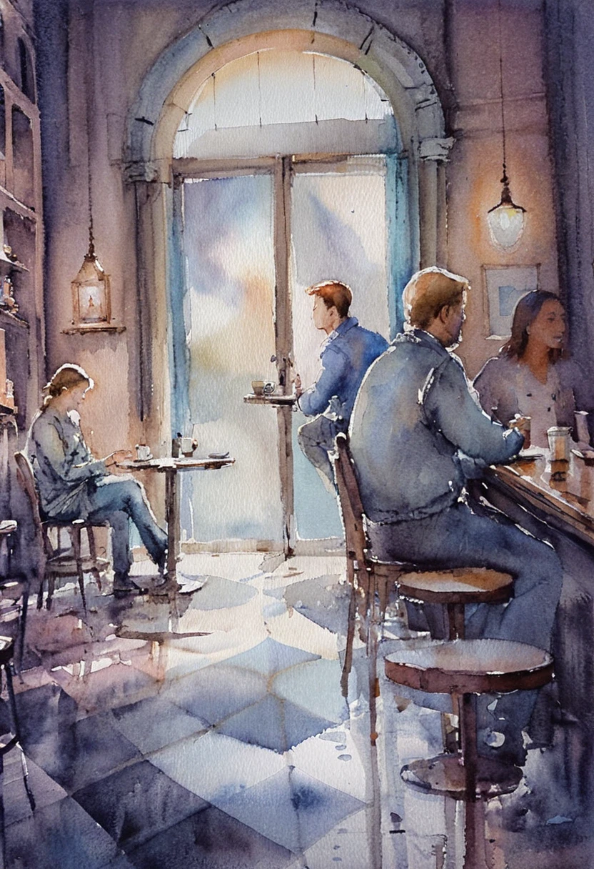 Watercolor cafe interior with people at round coffee tables