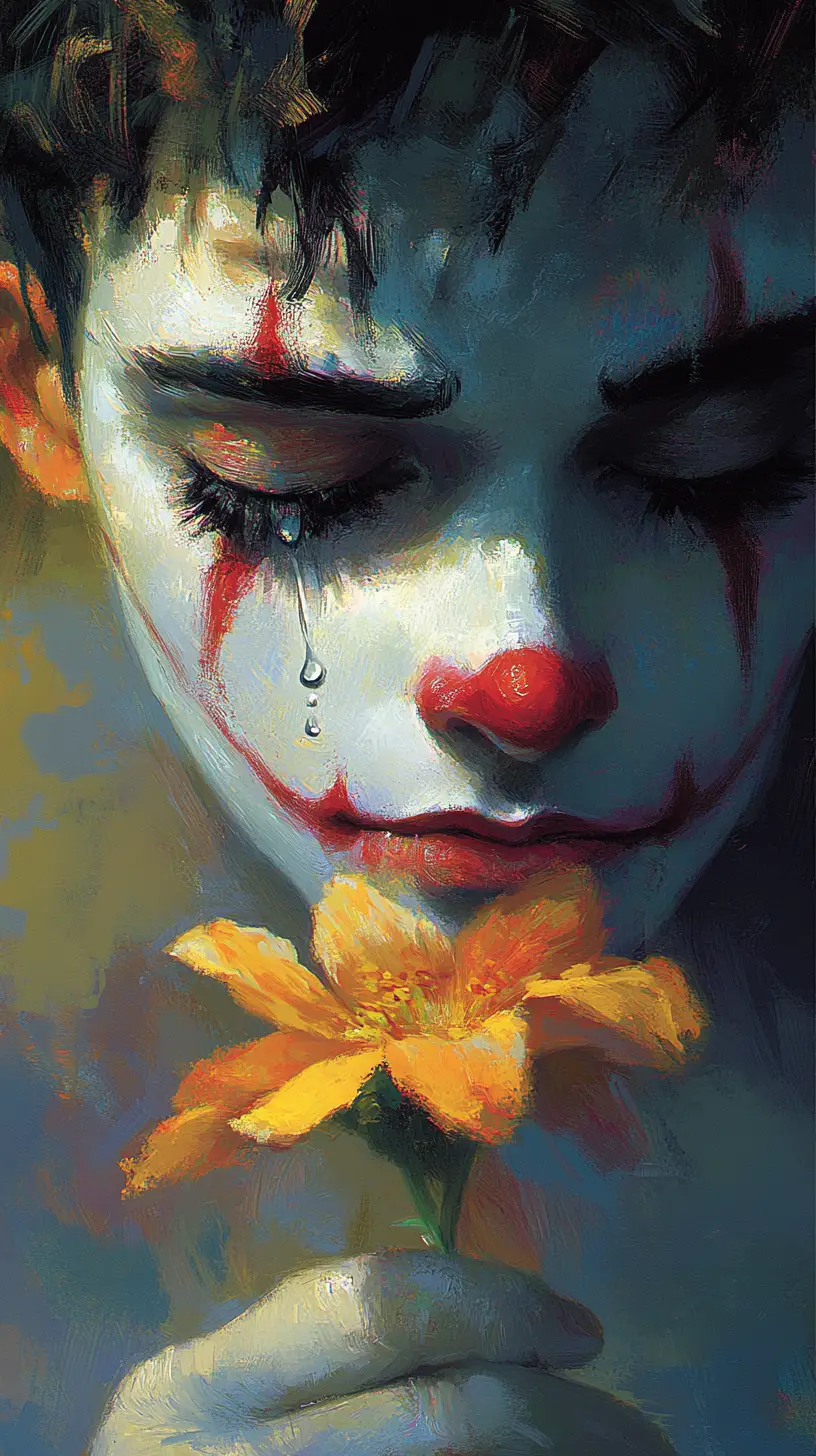 Melancholic pierrot holding a pastel flower in the circus