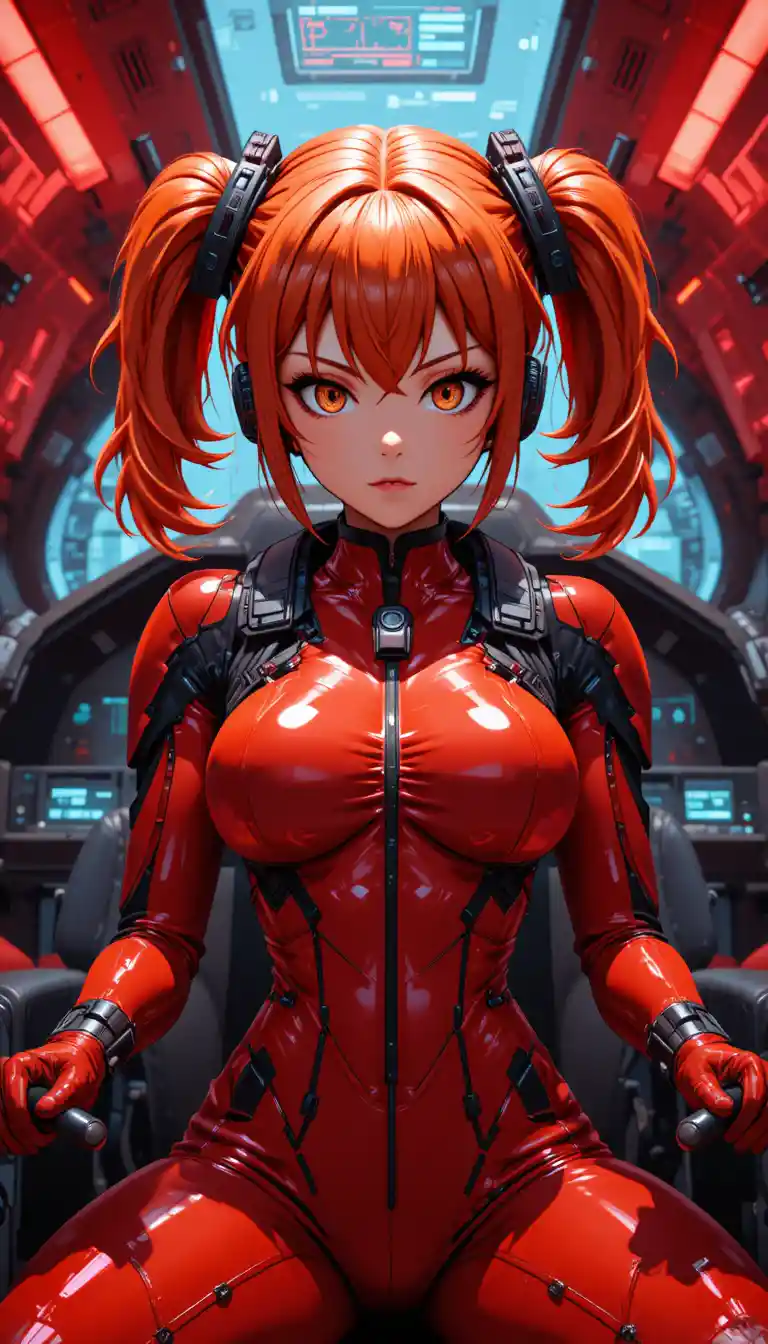 Anime pilot girl in red cockpit under dramatic red light