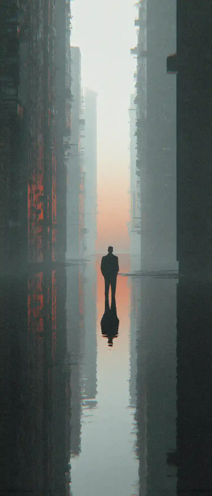 Lonely man in a serene virtual reality utopia