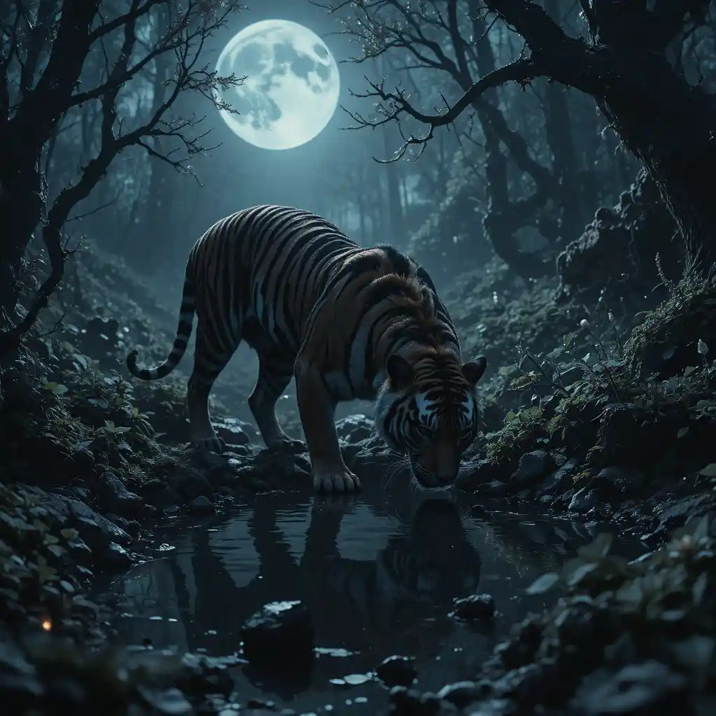 Tigre nera che beve da una pozza incantata nella foresta al chiaro di luna