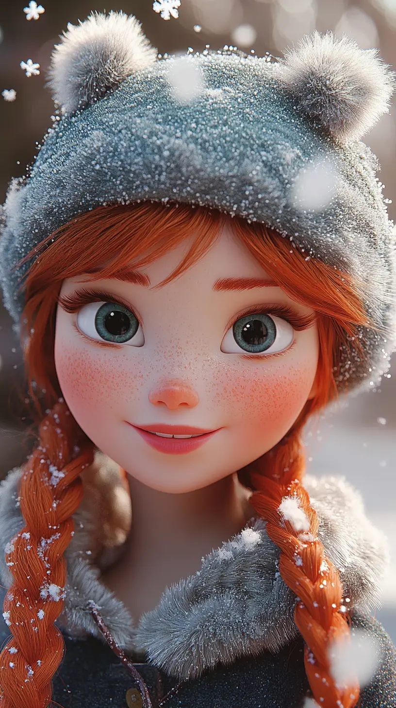 Smiling red haired girl in winter hat with falling snowflakes