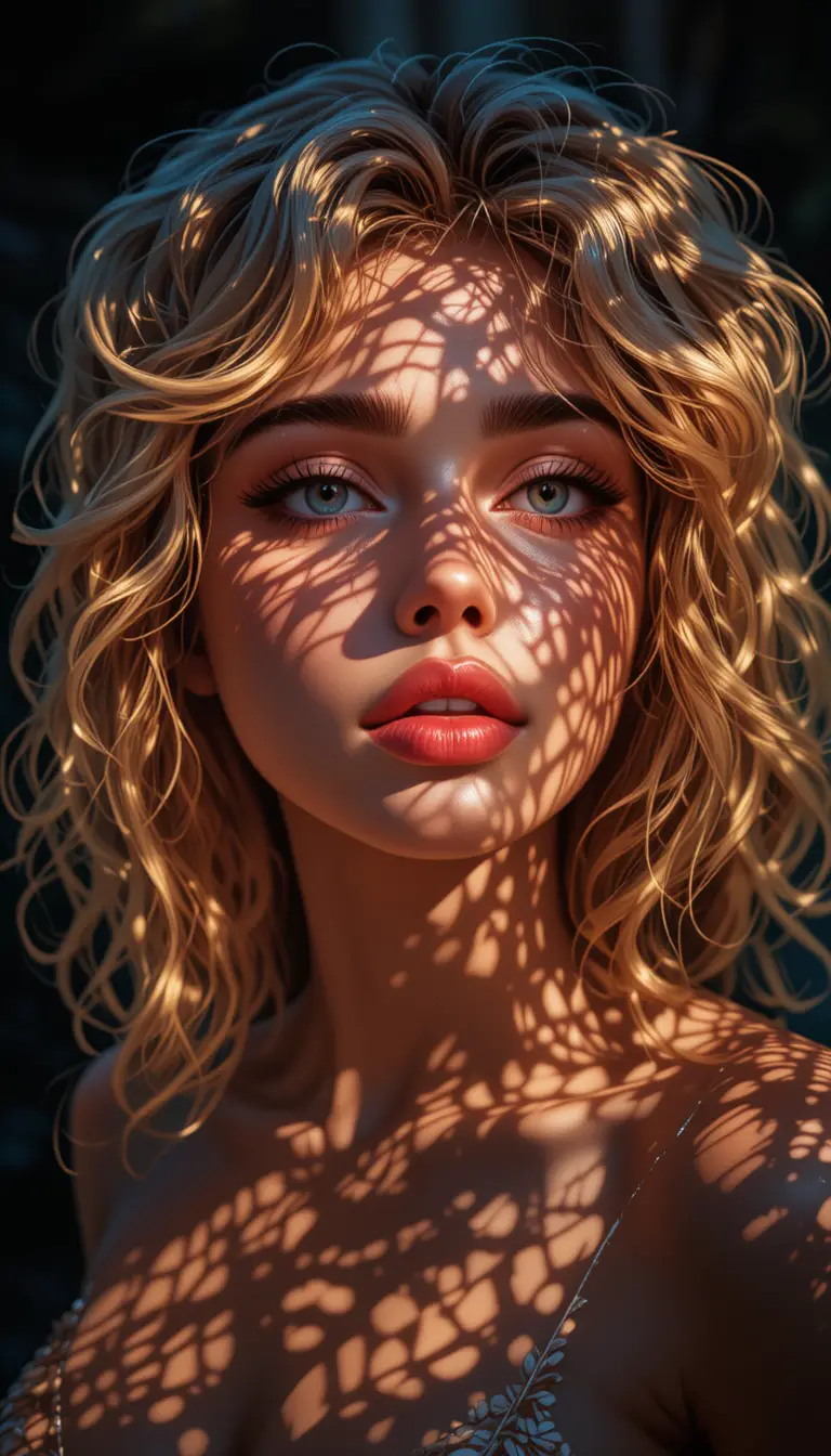 Retrato de mujer rubia en luz tropical salpicada