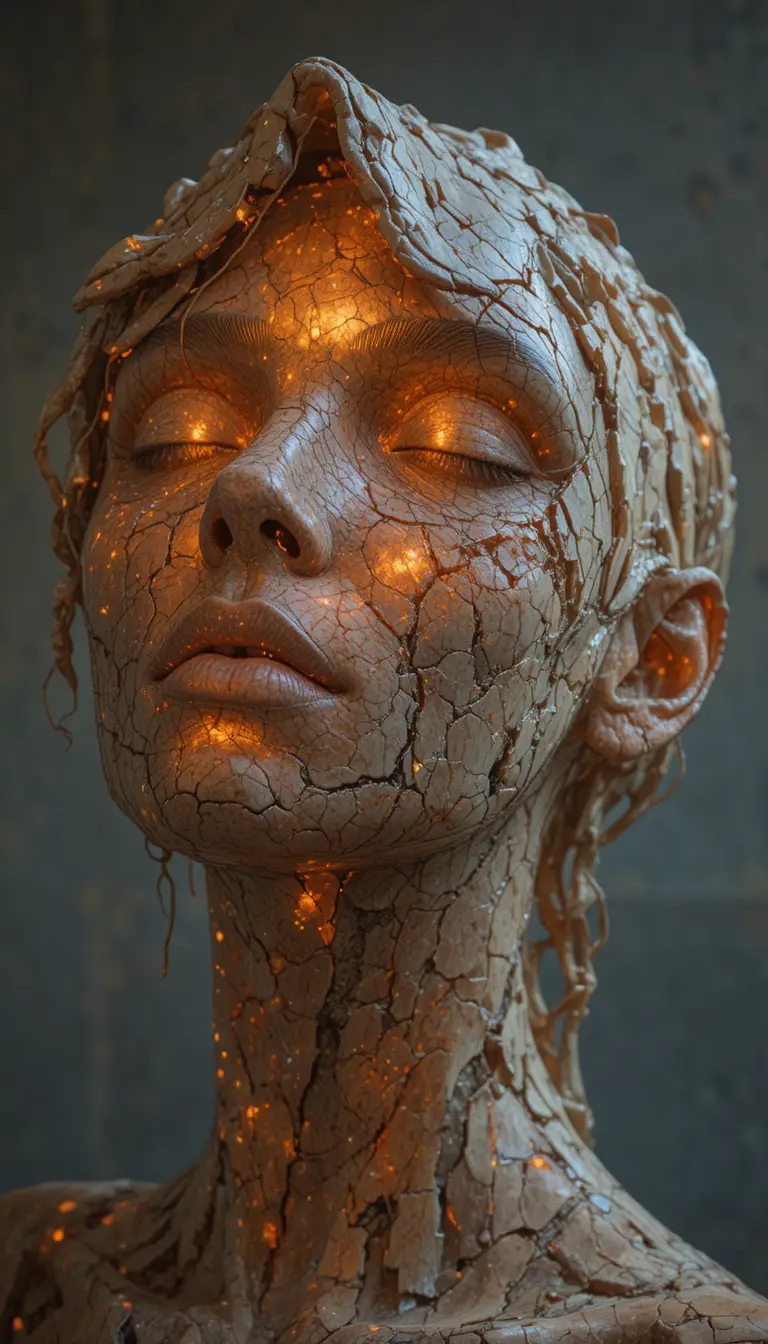 Abstract woman sculpture glowing with warm orange light