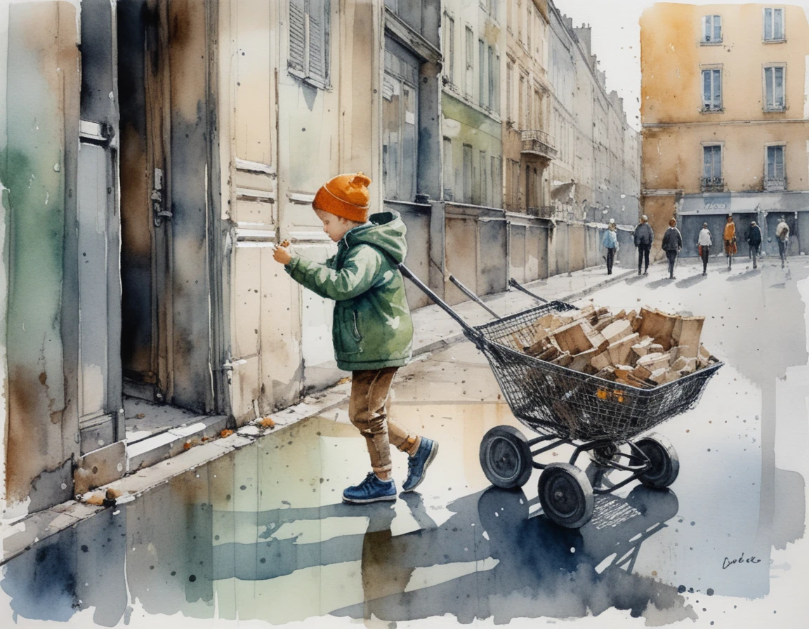 Watercolor street scene of a child pushing a heavy cart