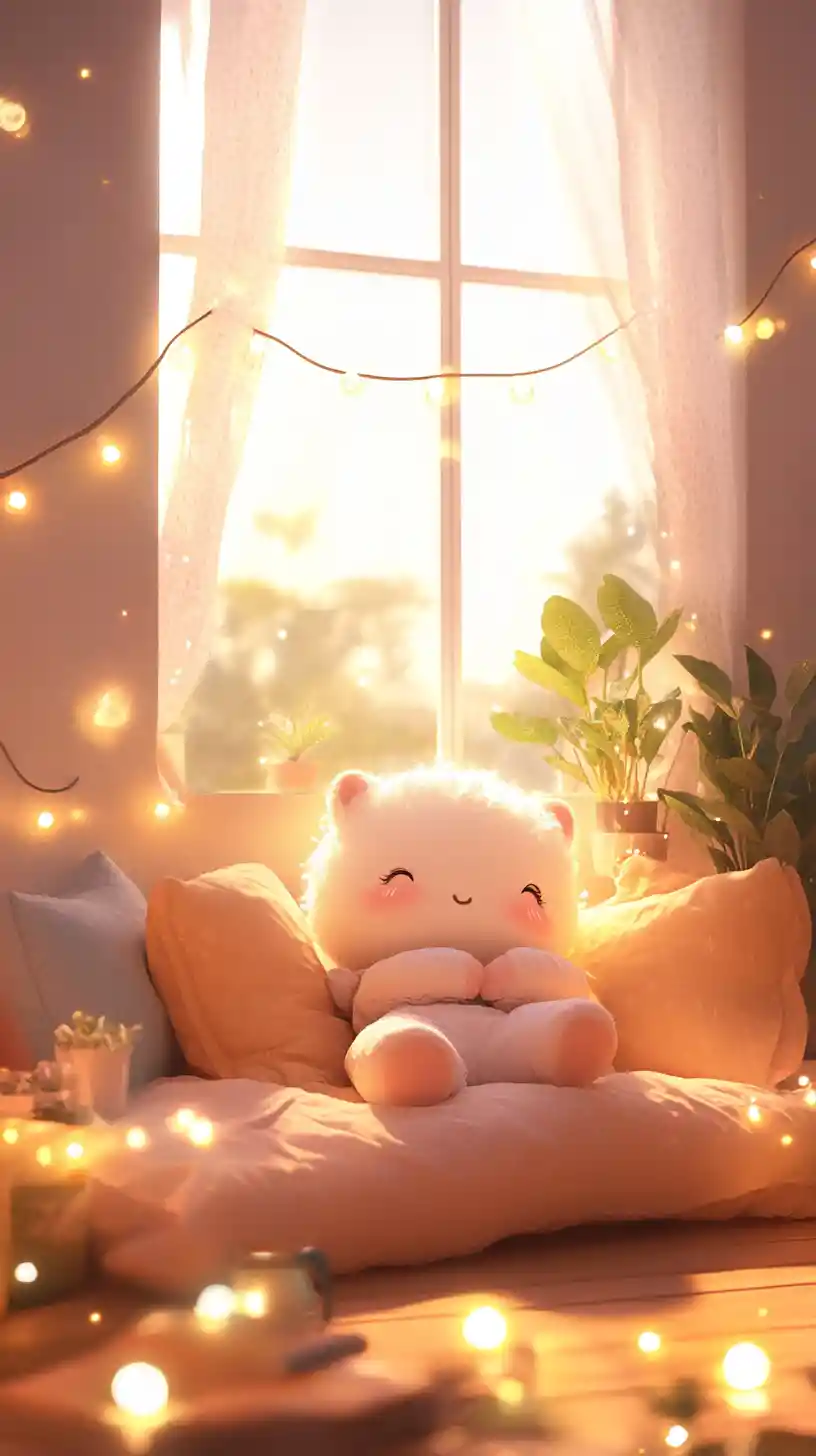 Kawaii-Mädchen entspannt mit Kissen und Lichterketten
