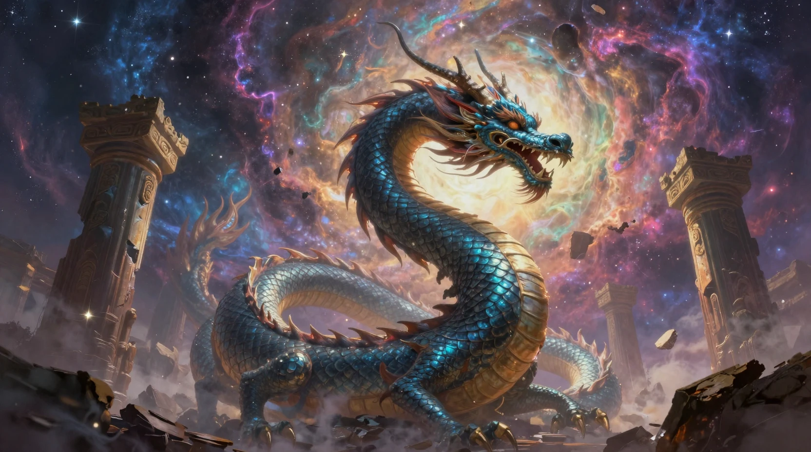 Himmlischer Drache, der uralte Säulen am kosmischen Himmel umkreist