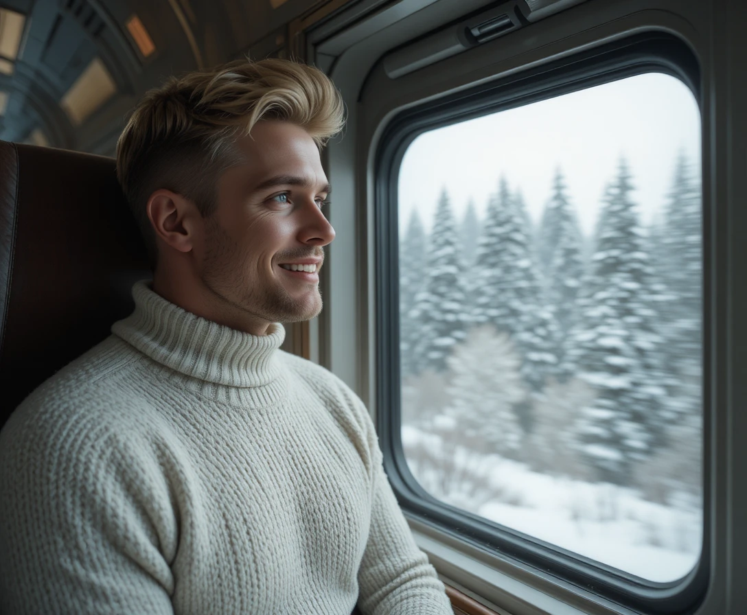 Happy man in white sweater by train window