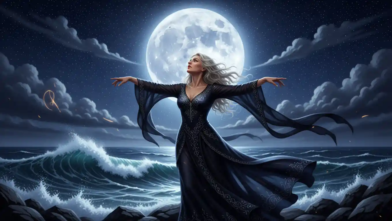 Outstretched figure reaching toward a glowing full moon