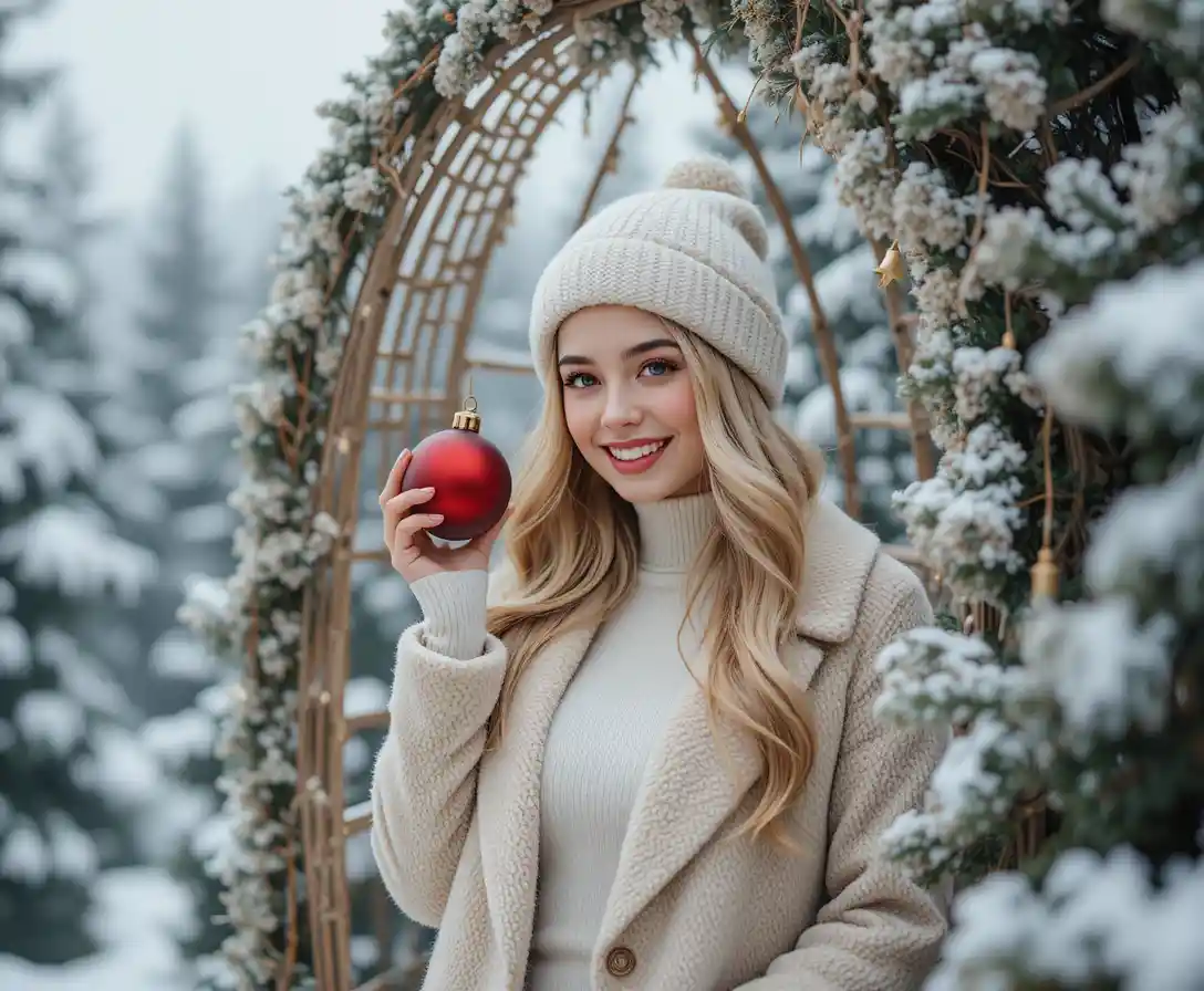 Smiling woman with Christmas ornament in winter portrait