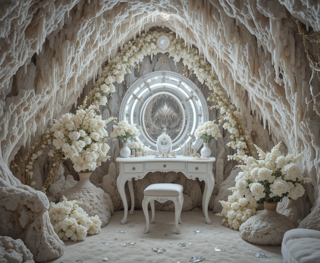 Romantic white vanity inside a dreamy stalactite cave