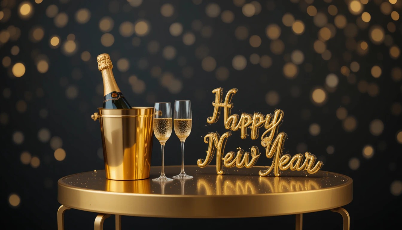 Tavolo dorato con champagne, scritta happy new year e bokeh