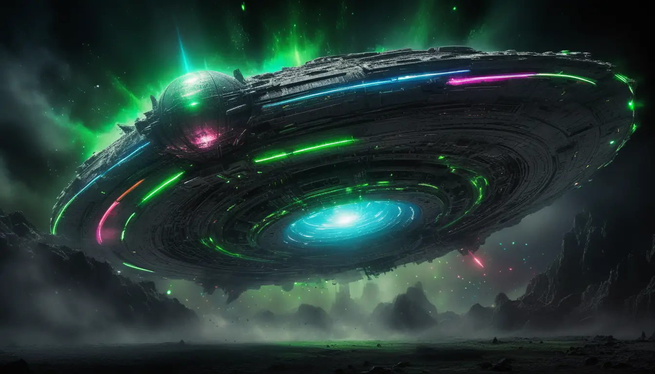 Spherical spaceship firing green and blue lasers before landing