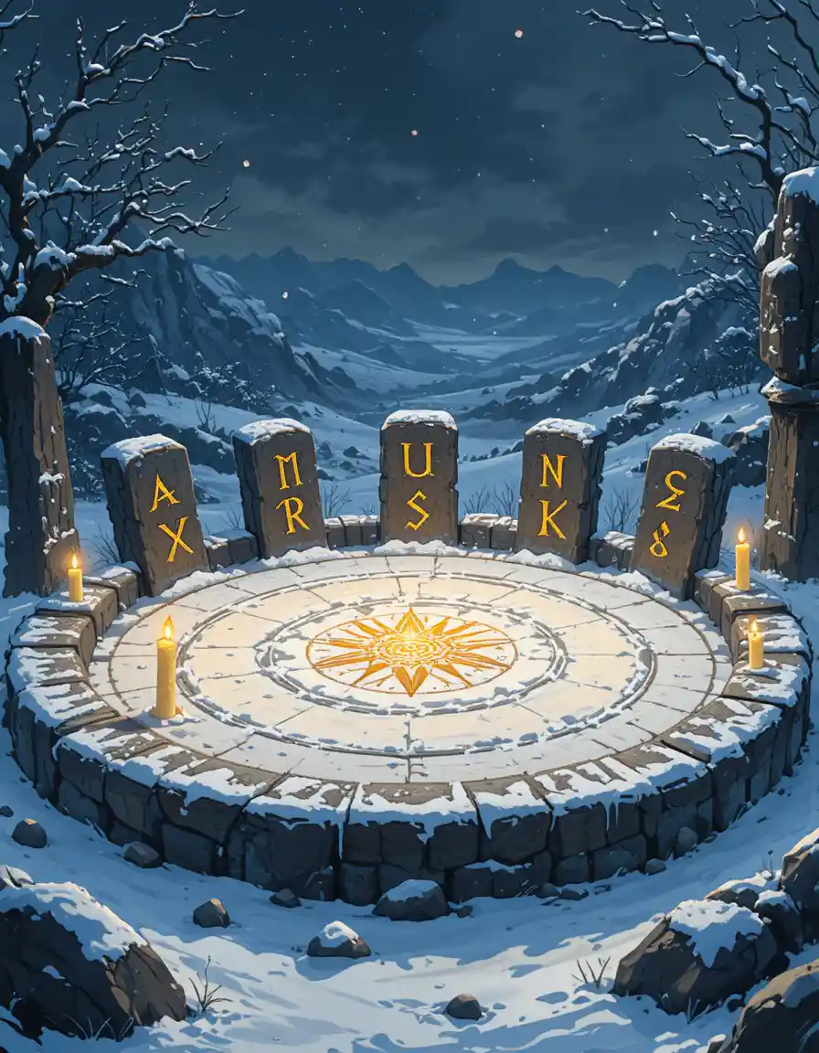 Ancient Stone Circle With Glowing Runes In Winter Night