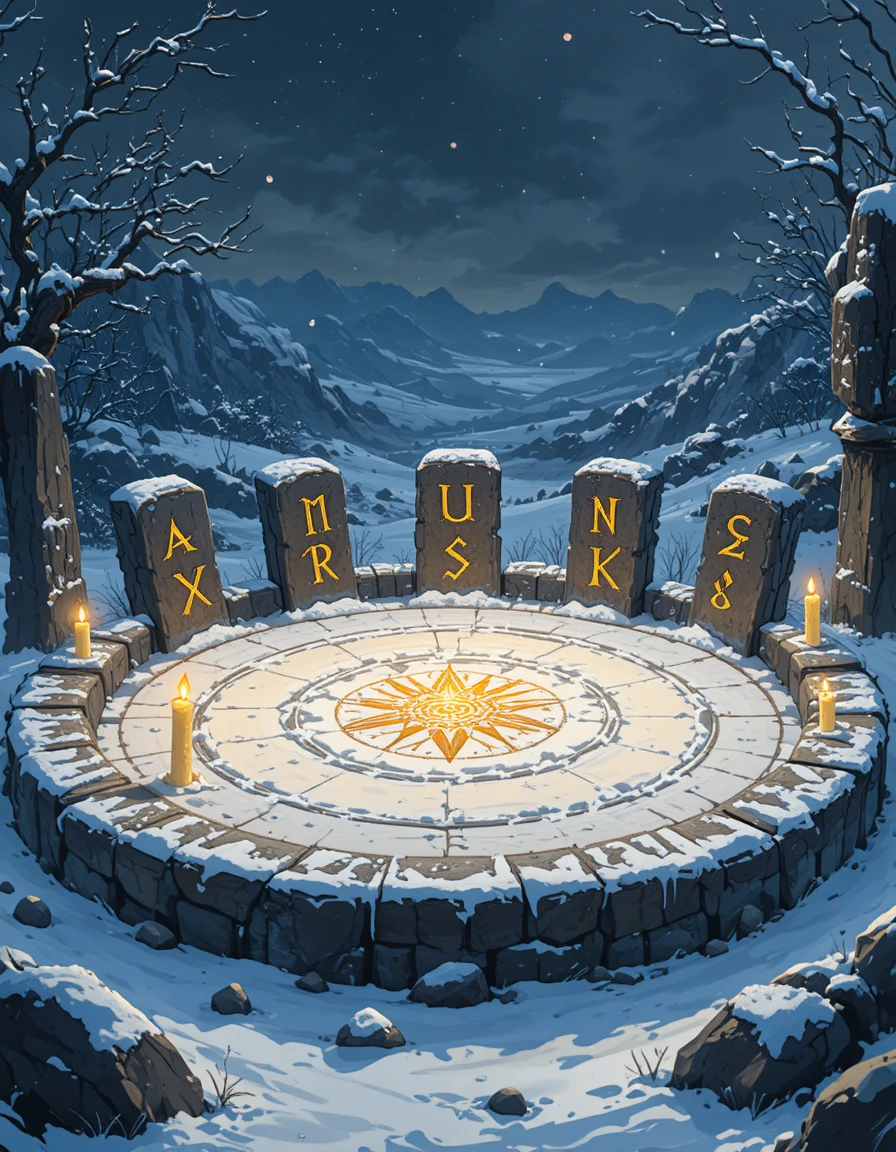 Ancien Cercle de Pierres aux Runes Lumineuses dans une Nuit d’Hiver
