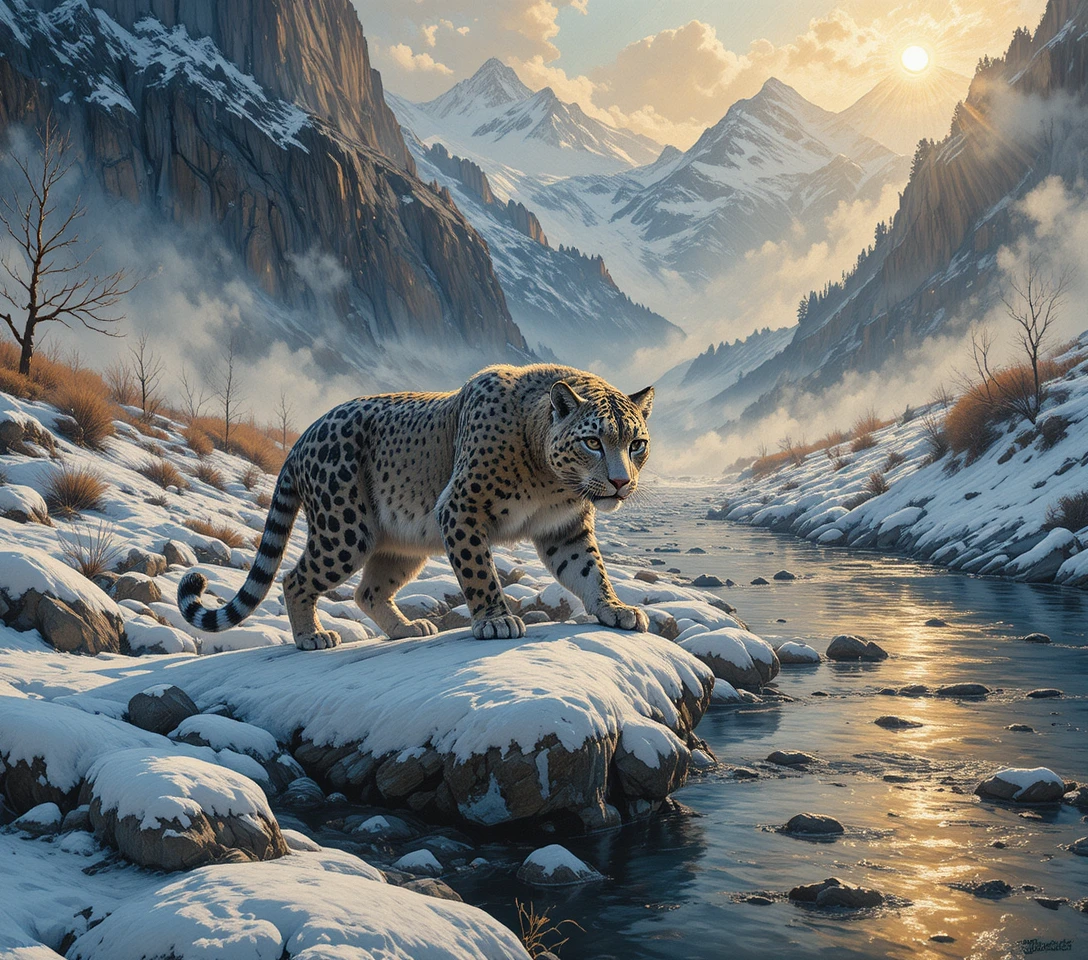 Leopardo delle nevi che si aggira lungo una nebbiosa riva alpina