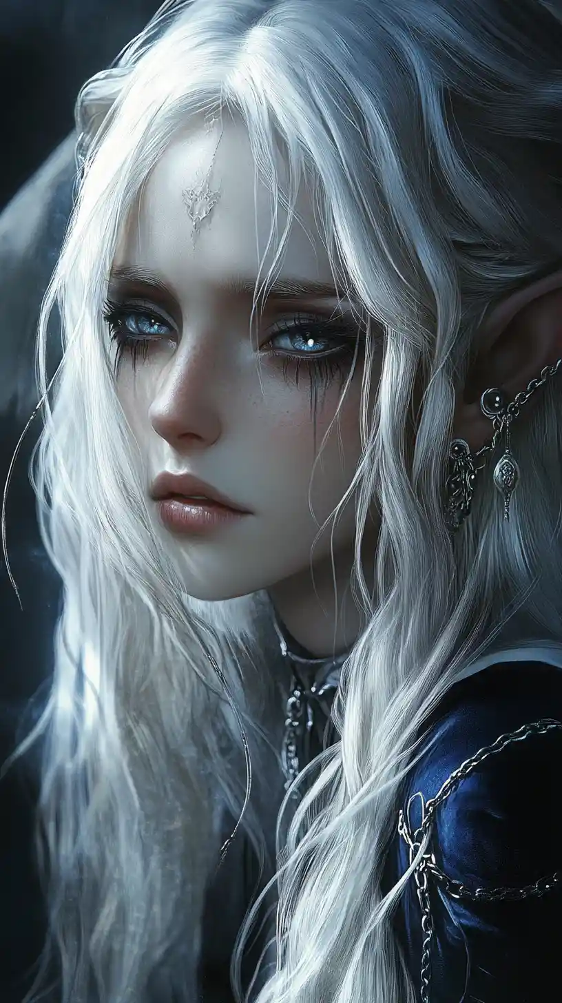 Melancholic drow elf woman in silver collar portrait