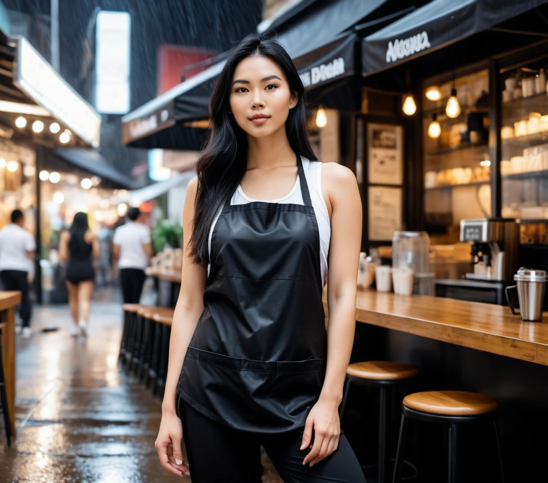 Barista vietnamienne en tenue sportive dans un café moderne