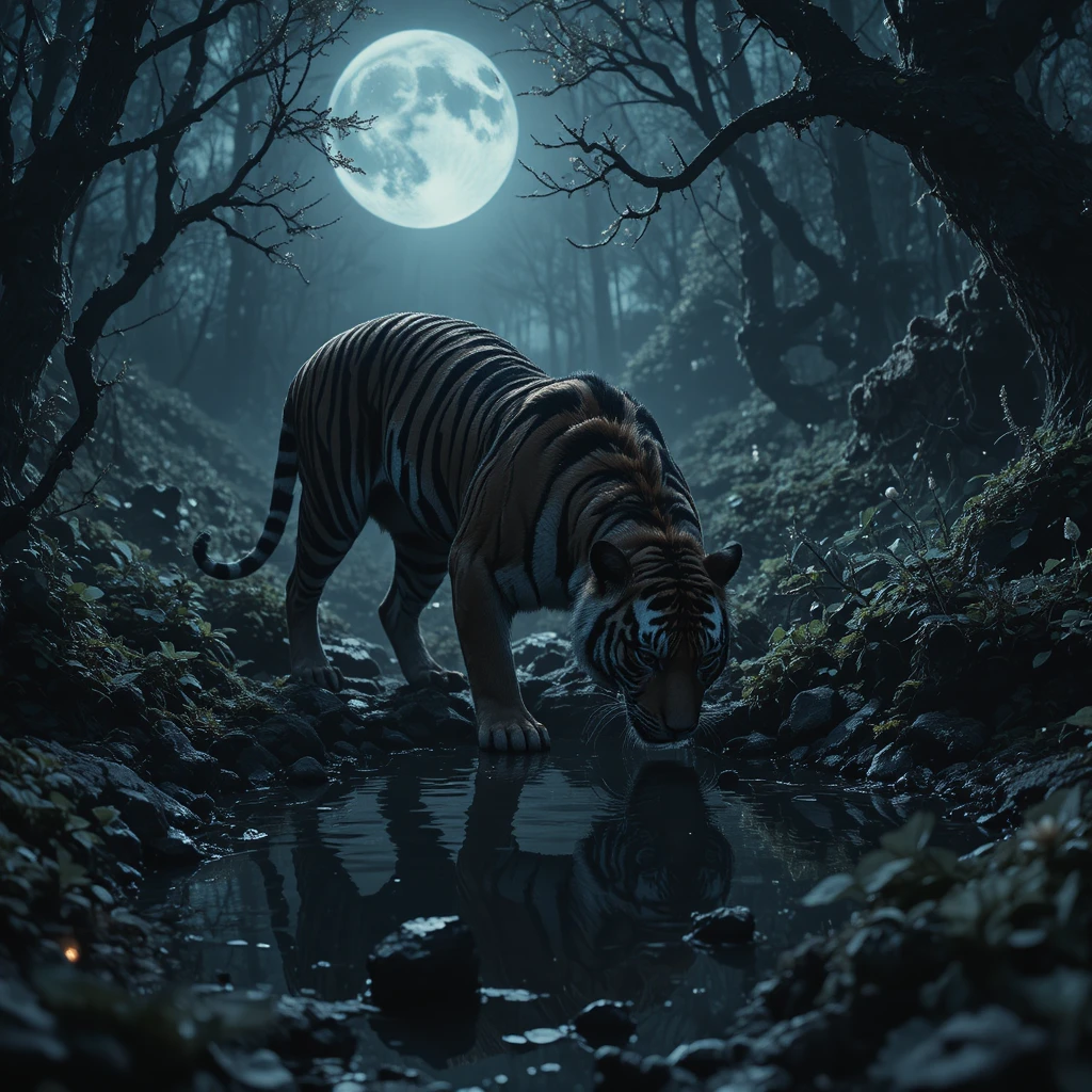 Tigre noir buvant dans un bassin enchanté au clair de lune dans la forêt