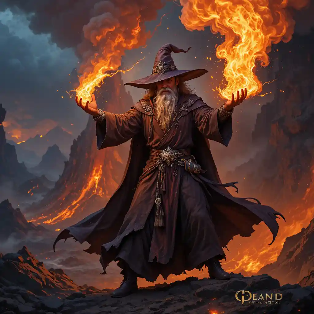 Wizard Casting Firebolt Before An Erupted Molten Volcano