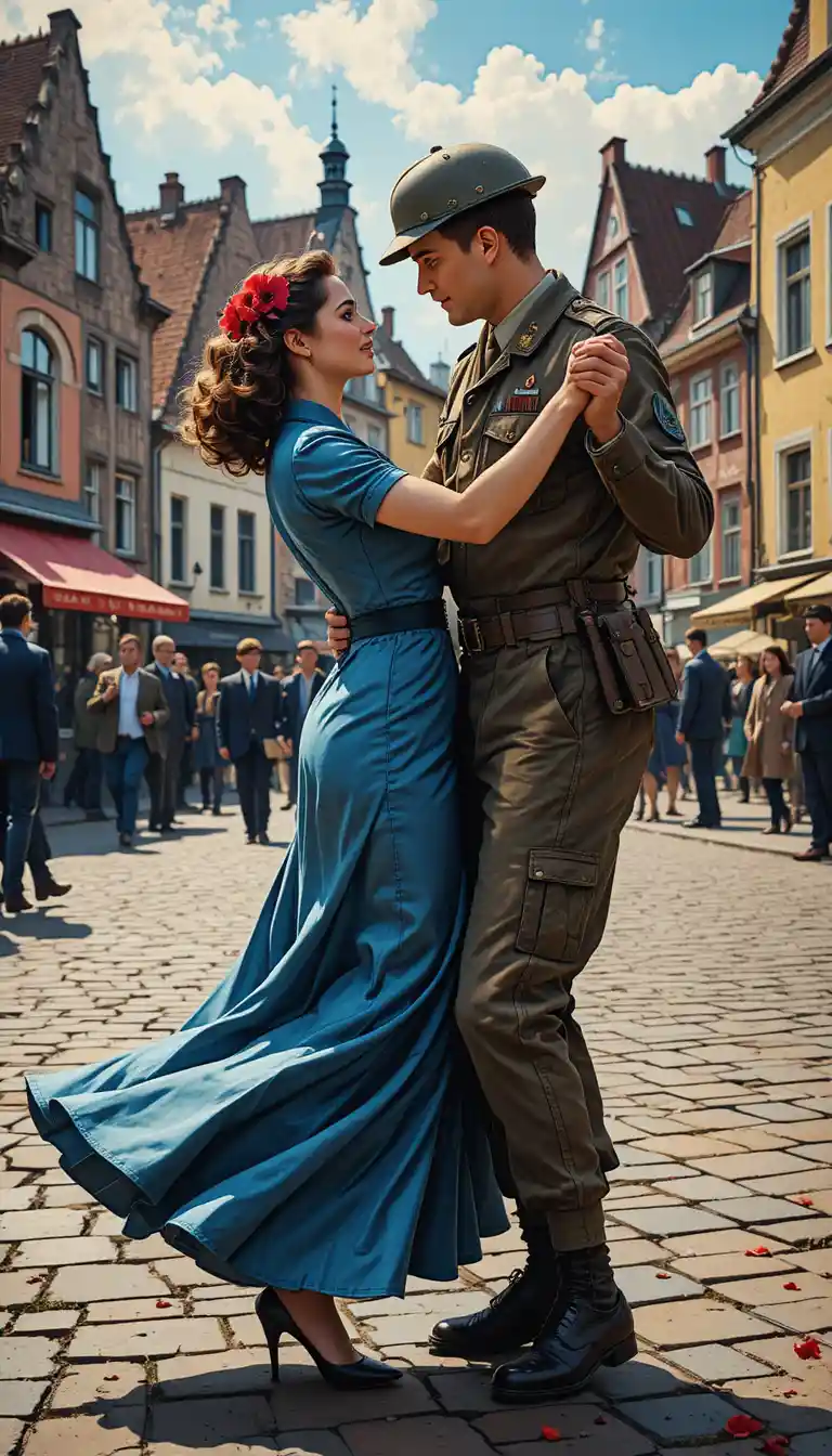 1940s woman dancing with canadian soldier in town square