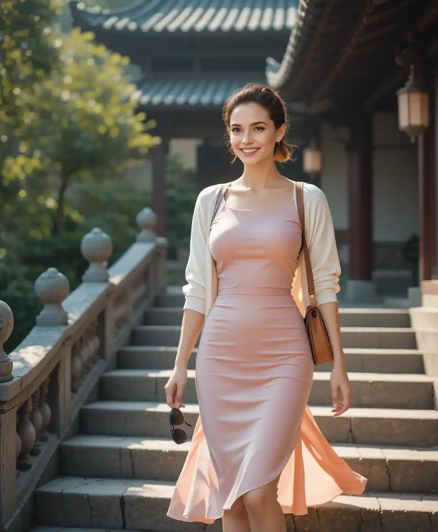 Elegant woman walking down stone steps at Asian temple