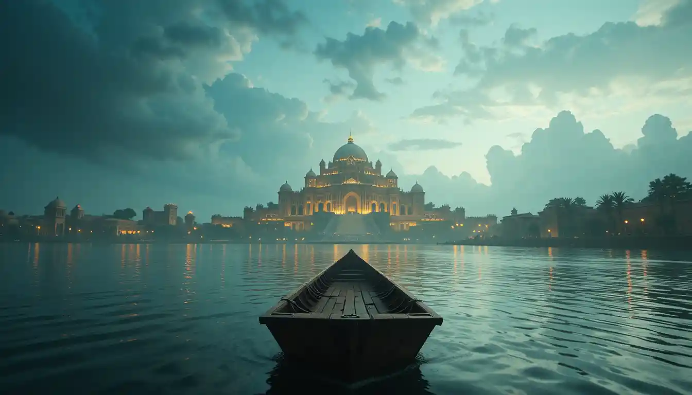 Vue cinématographique du fleuve avec un palais égyptien sur le Nil