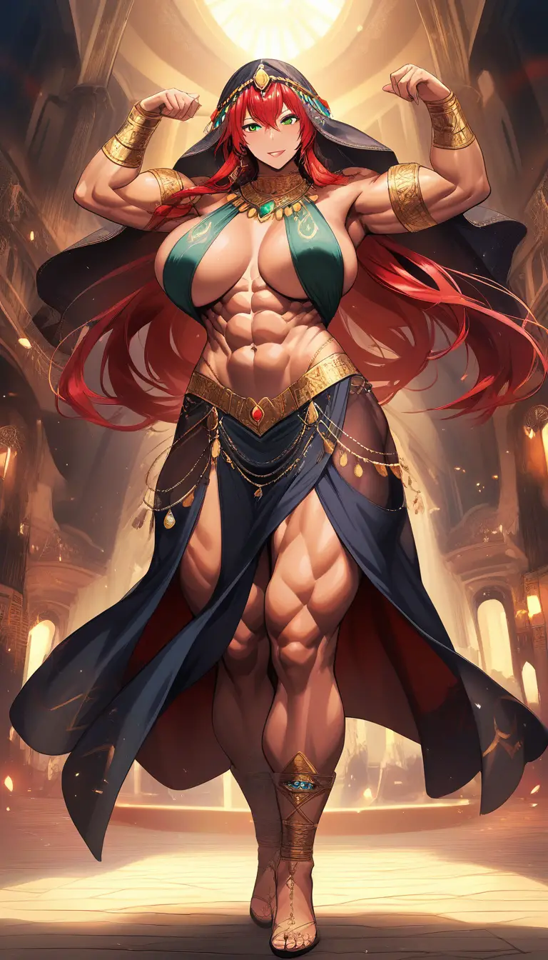 Tall amazonian woman dancing in dark harem attire