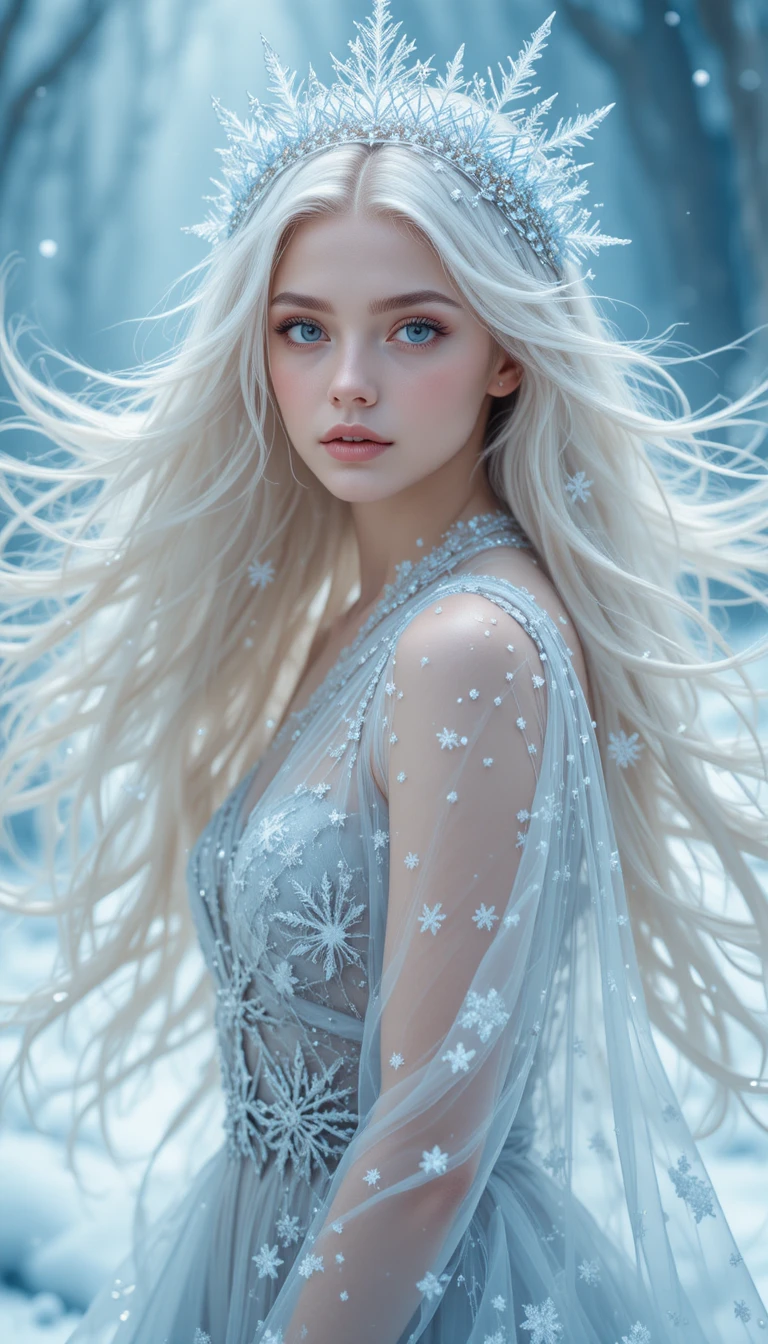 Dreamy blonde girl with icy crown in winter aura