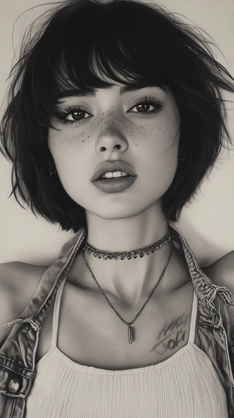 Sensual graphite portrait of stylish woman in denim jacket