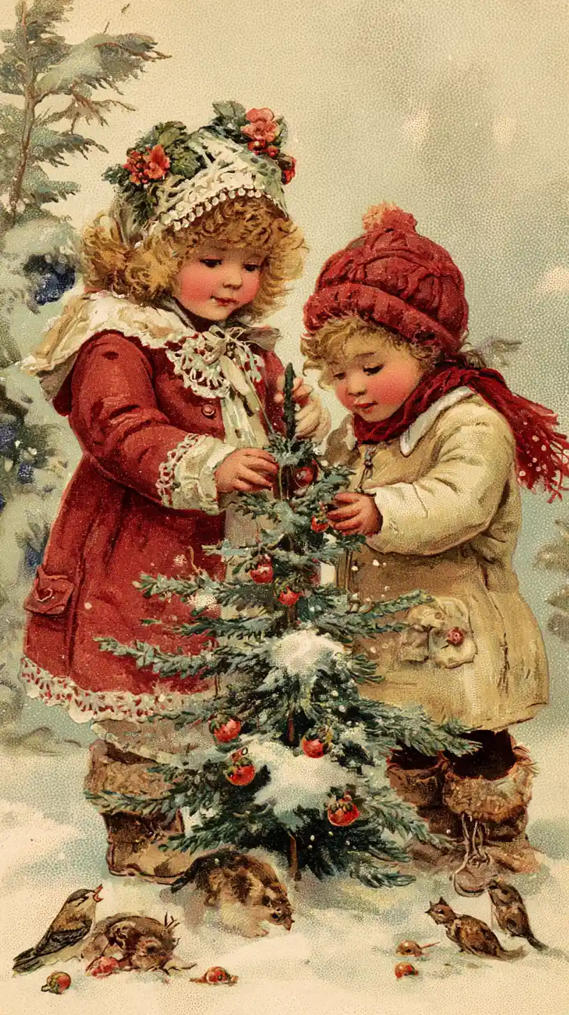 Children Decorating A Snowy Christmas Tree In Winter Forest