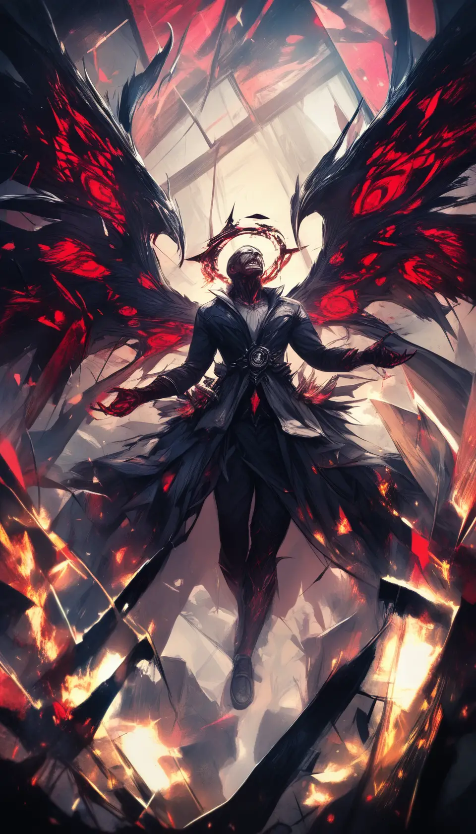 Dark winged man with a broken halo of sin