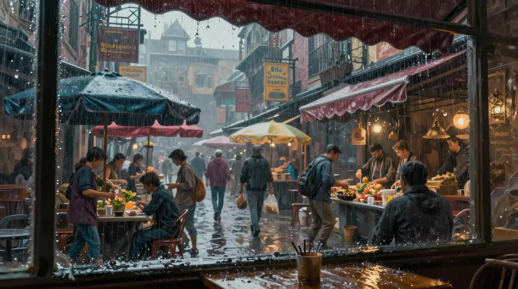 Rain soaked fantasy city marketplace seen through cafe window