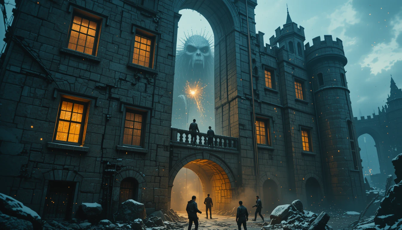 Elite agents rappel down a crumbling castle at dusk