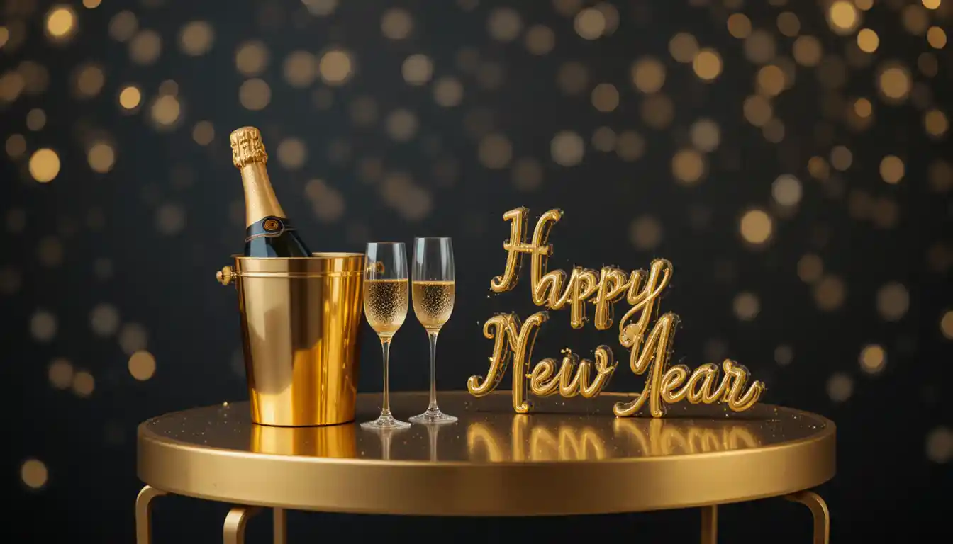 Tavolo dorato con champagne, scritta happy new year e bokeh