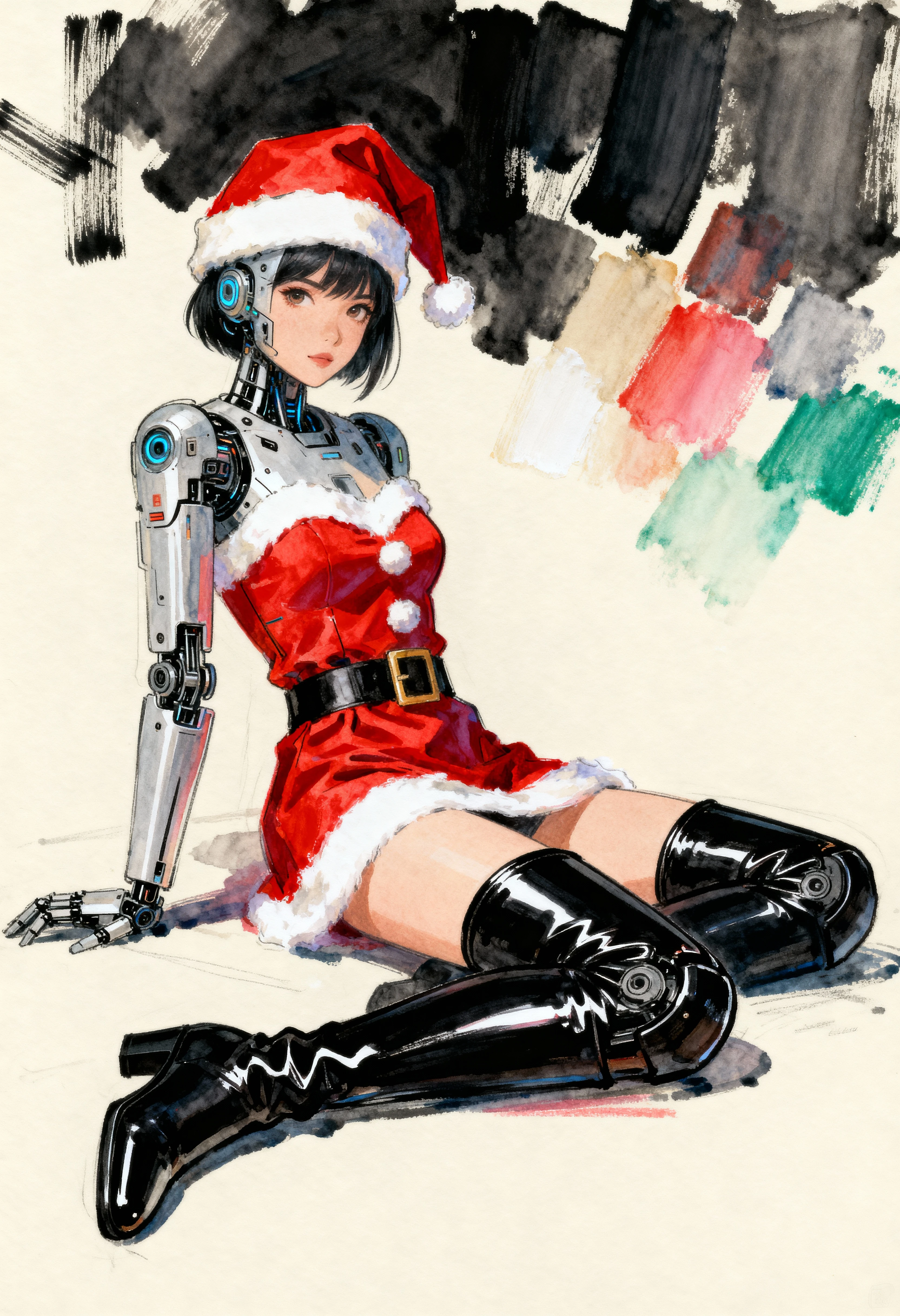 Femme robot cyberpunk en tenue futuriste inspirée de Santa