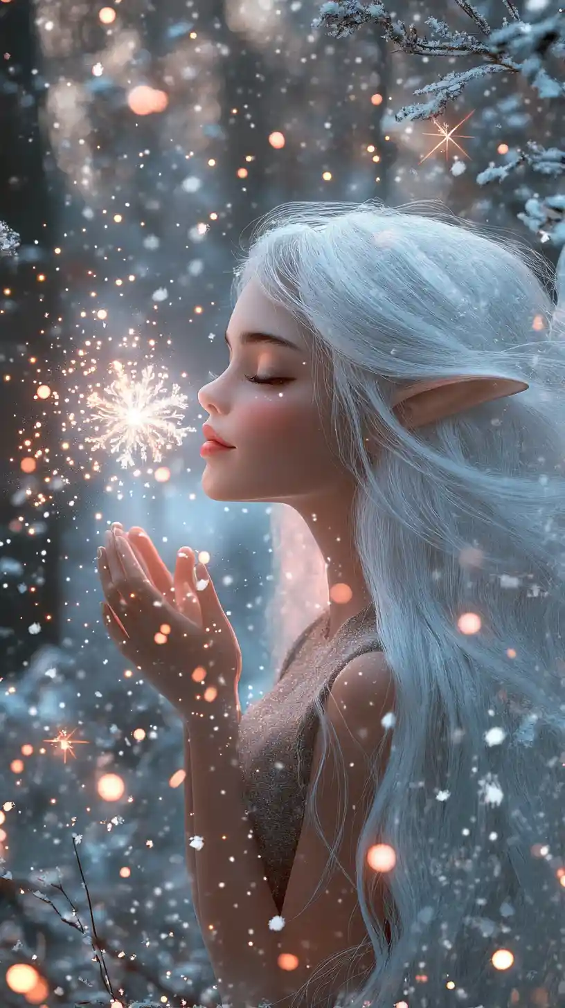 Fairy girl blowing glowing snowflakes in snowy forest