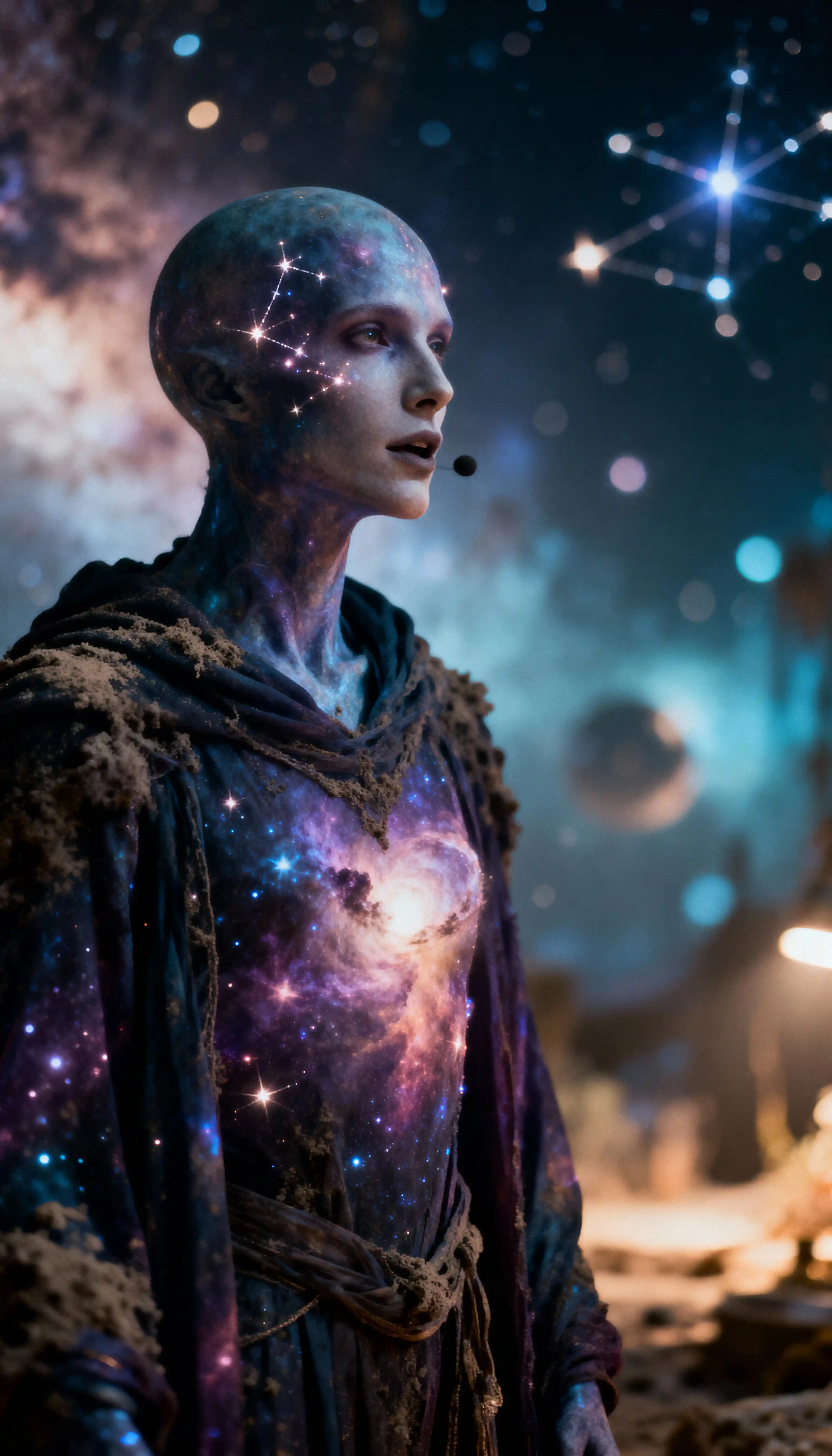 Cosmic archivist in a nebula woven robe of starlight
