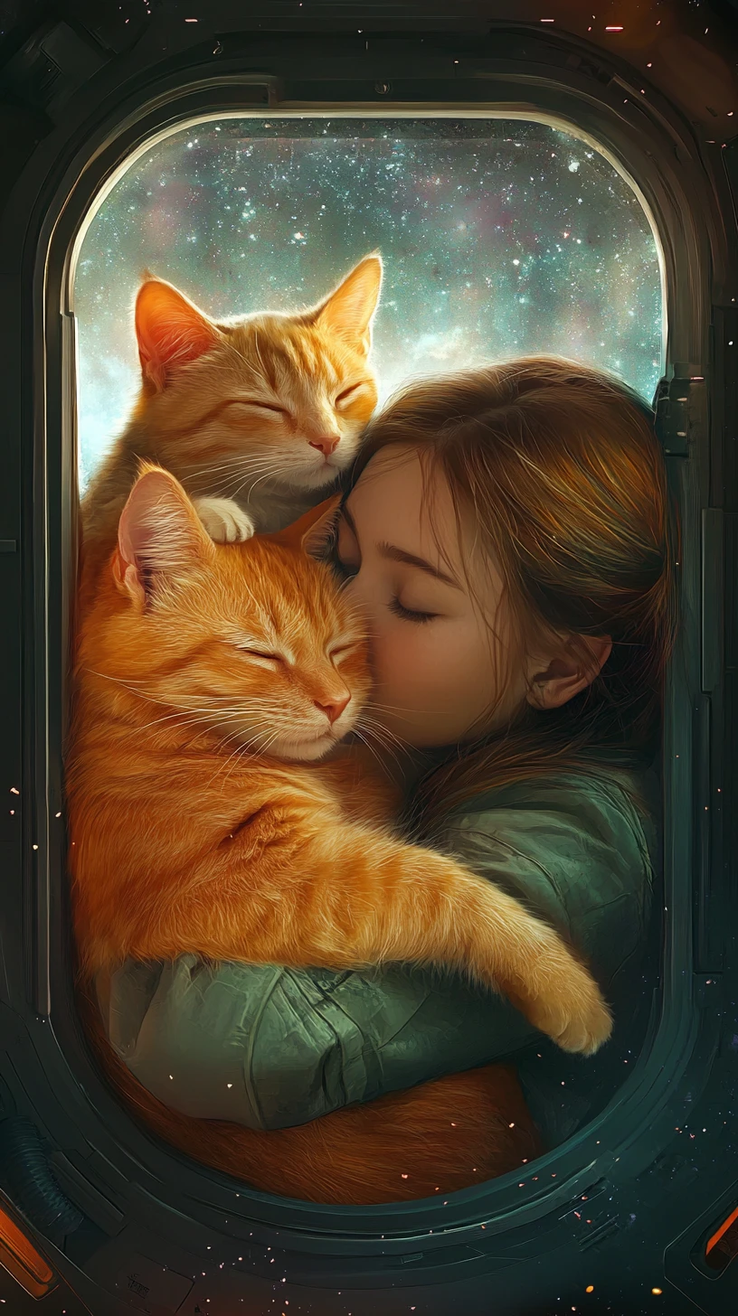 Garota abraçando um gato laranja fofo dentro de uma nave espacial