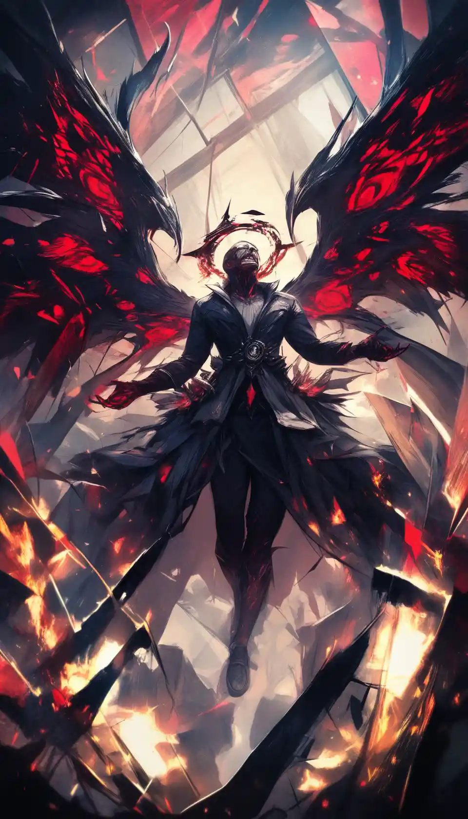 Dark winged man with a broken halo of sin