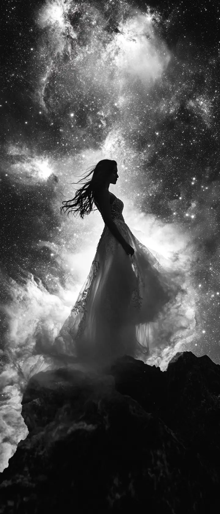 Bride silhouette merging with stars in a cosmic night sky