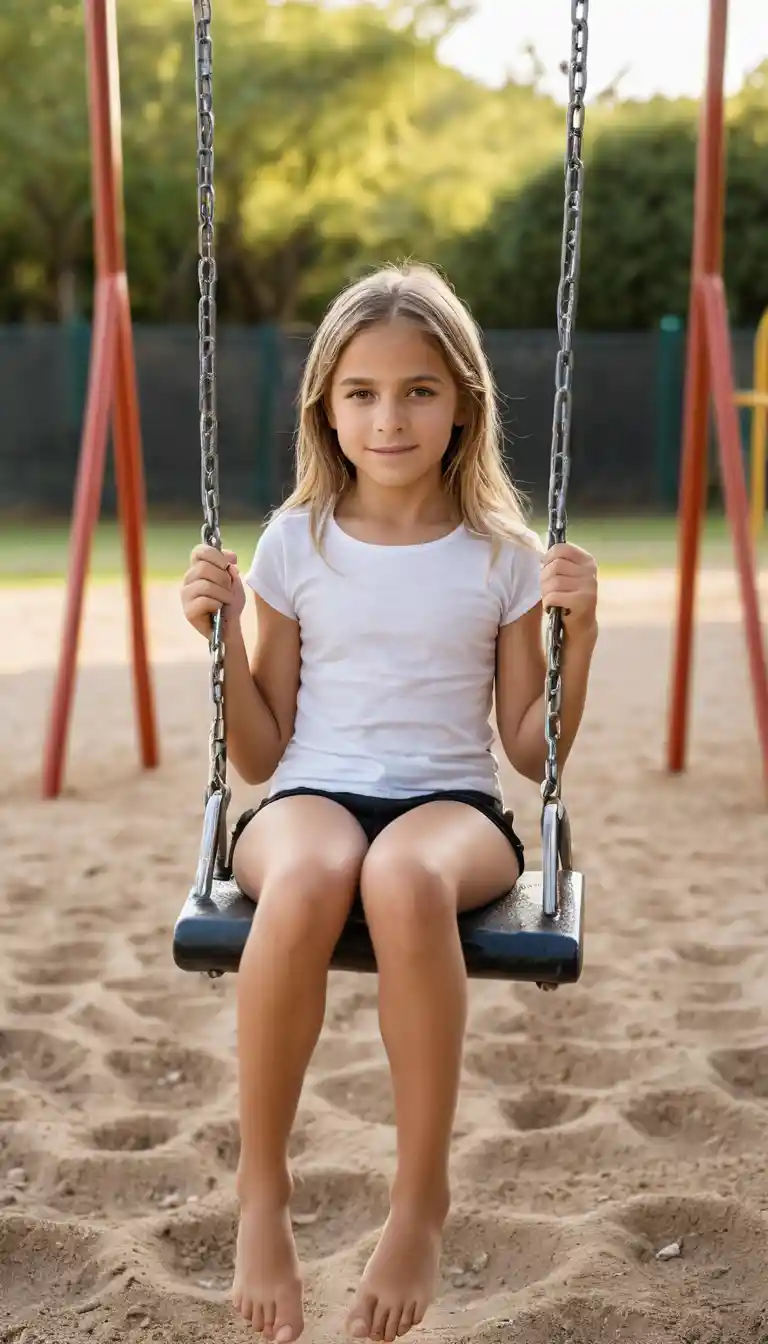Young girl sitting on a swing in a quiet playground