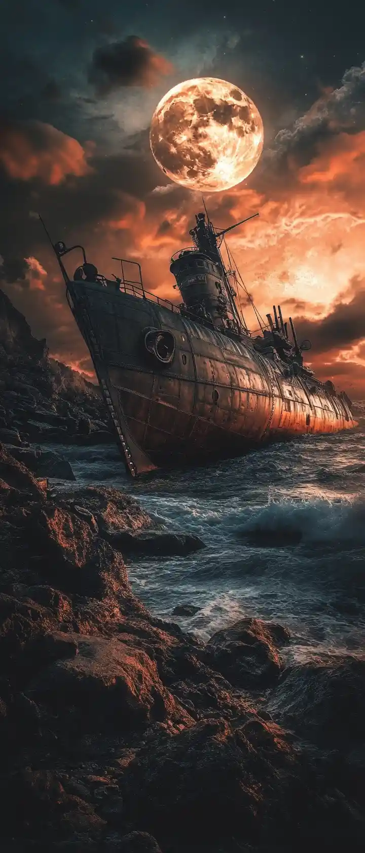Sottomarino steampunk arenato su una costa rocciosa illuminata dalla luna