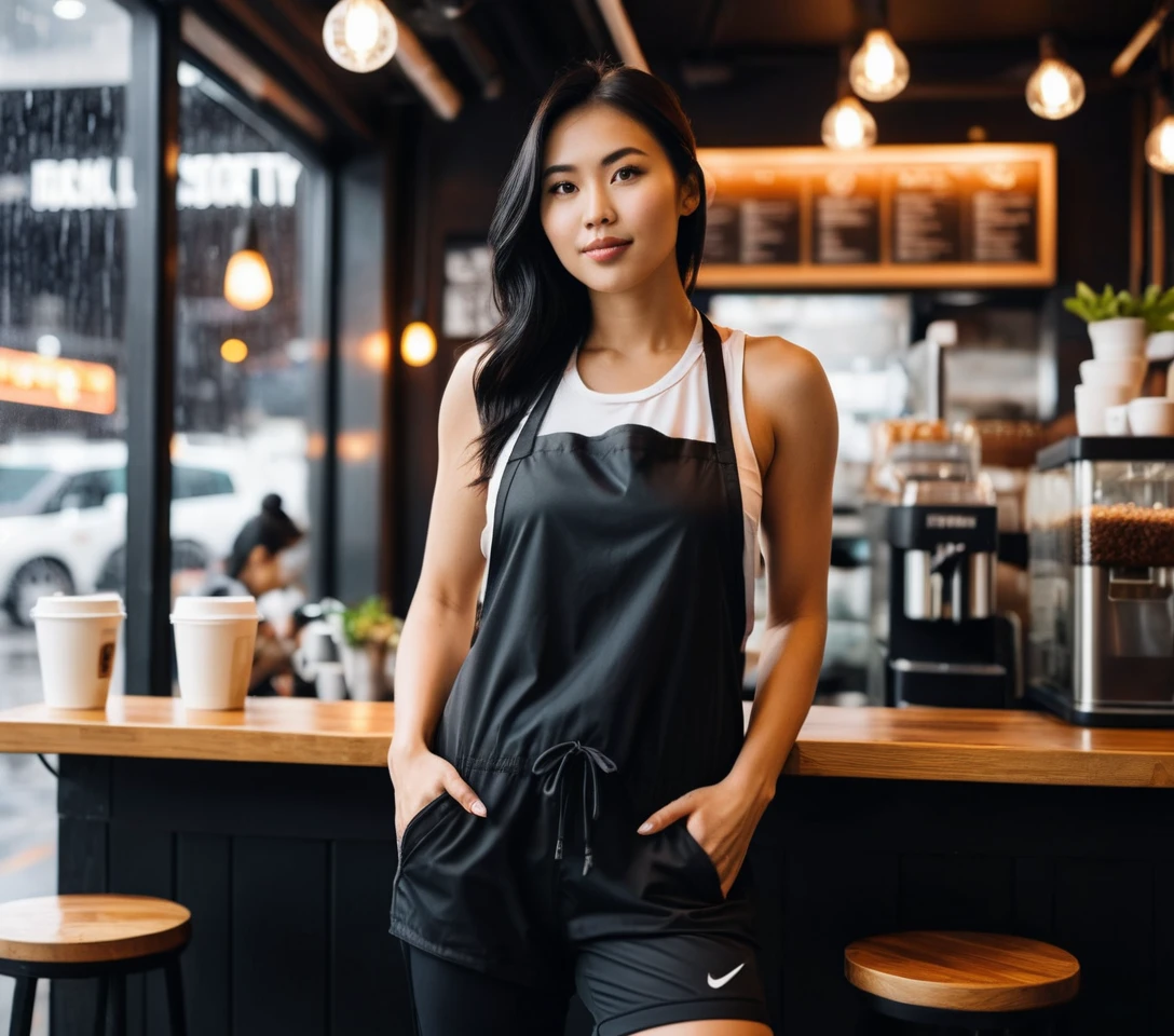 極簡風咖啡店中的越南女咖啡師（圍裙造型）
