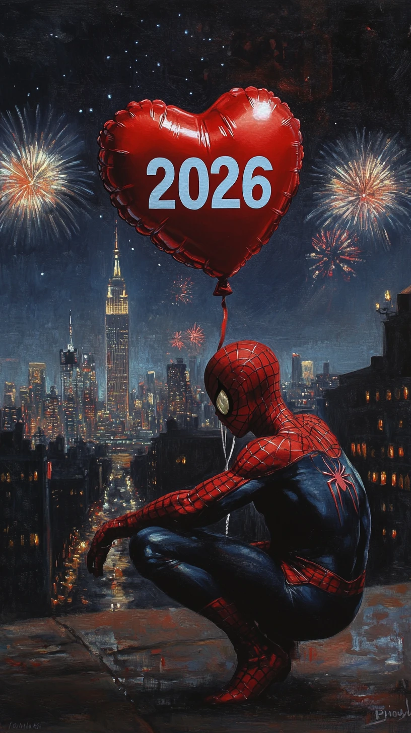 Superheld mit 2026-Herzballon über der New Yorker Nacht