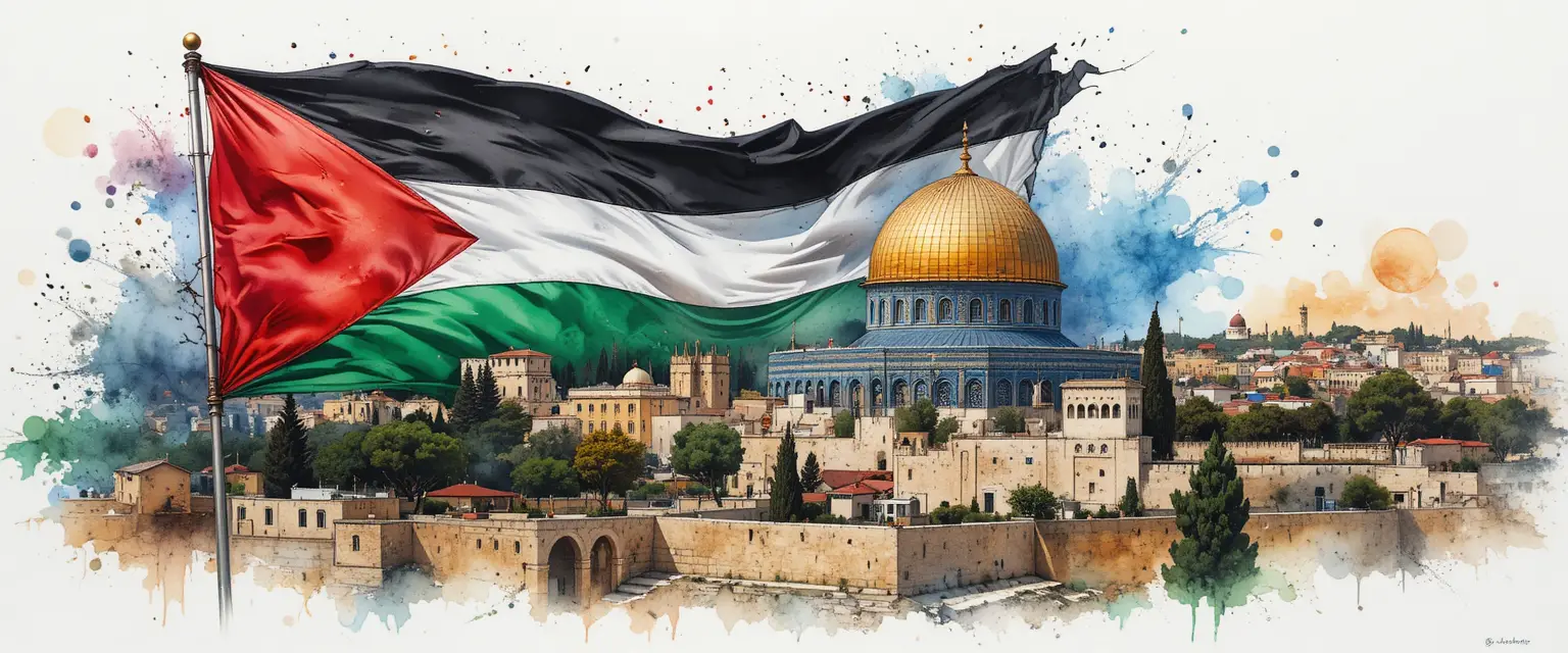 Watercolor Palestinian Flag Above Old City Of Jerusalem
