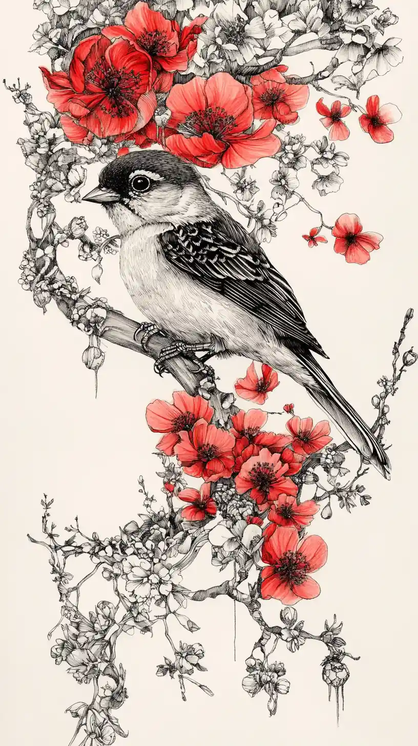 Intricate ink drawing of a finch formed from floral elements