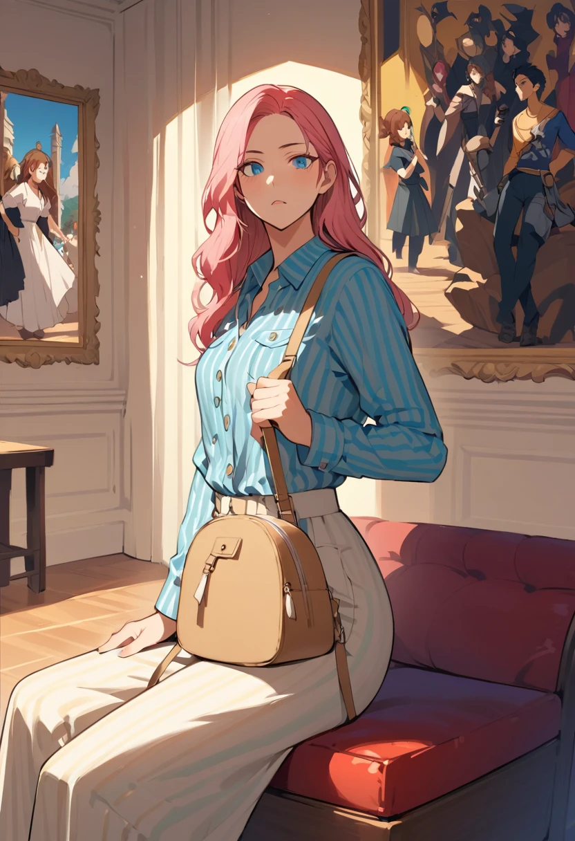 Giovane donna con zaino rosa che posa al museo