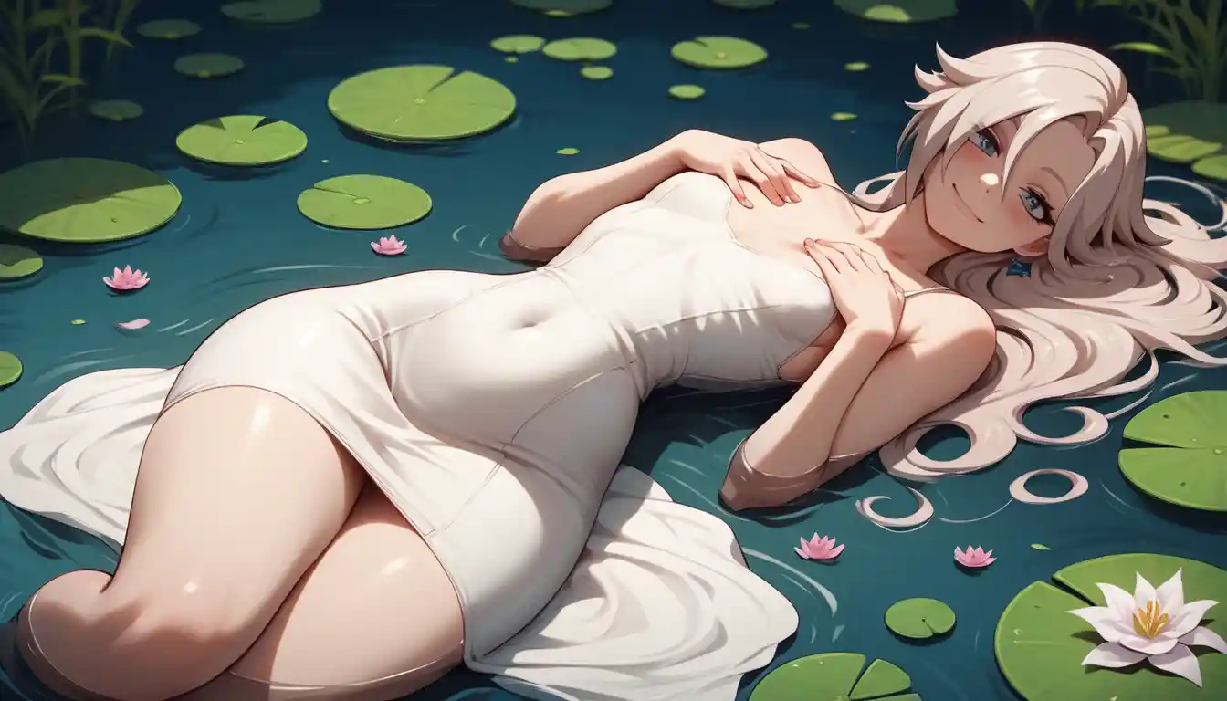 Anime girl resting in a lily pad pond in a dress